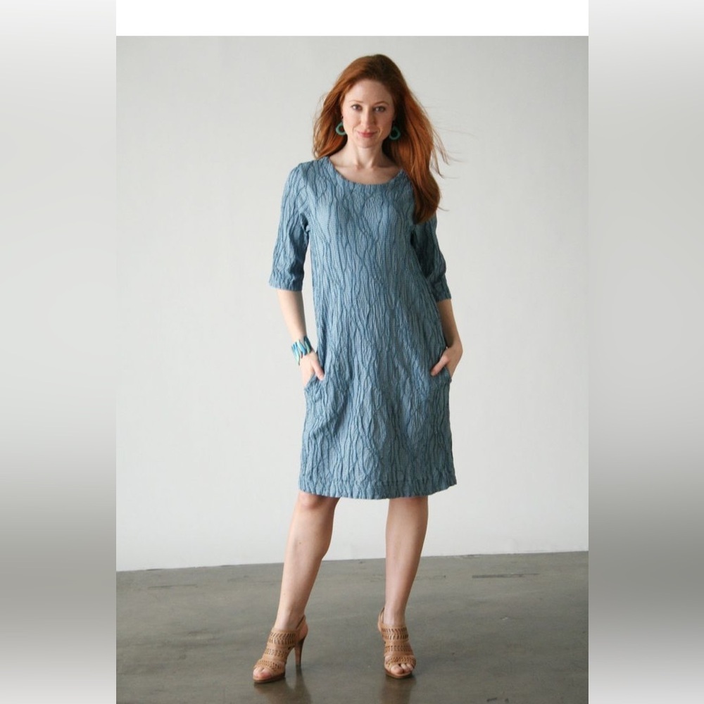 Cut Loose ELBOW SLEEVE SHIFT DRESS JACQUARD CHECK Blue Medium Crinkle Lagenlook